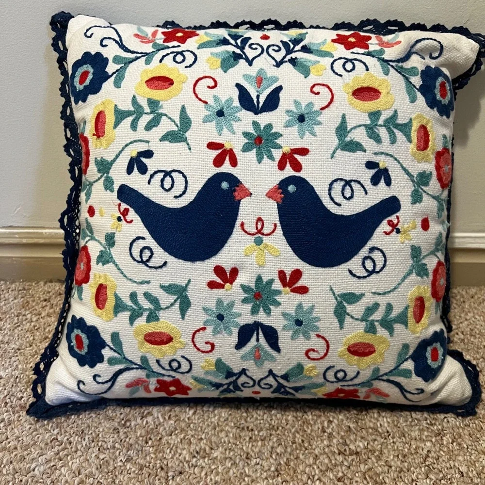 Embroidered Blue Birds Floral Throw Pillow Navy Crochet Lace Trim Folk Art 13x13